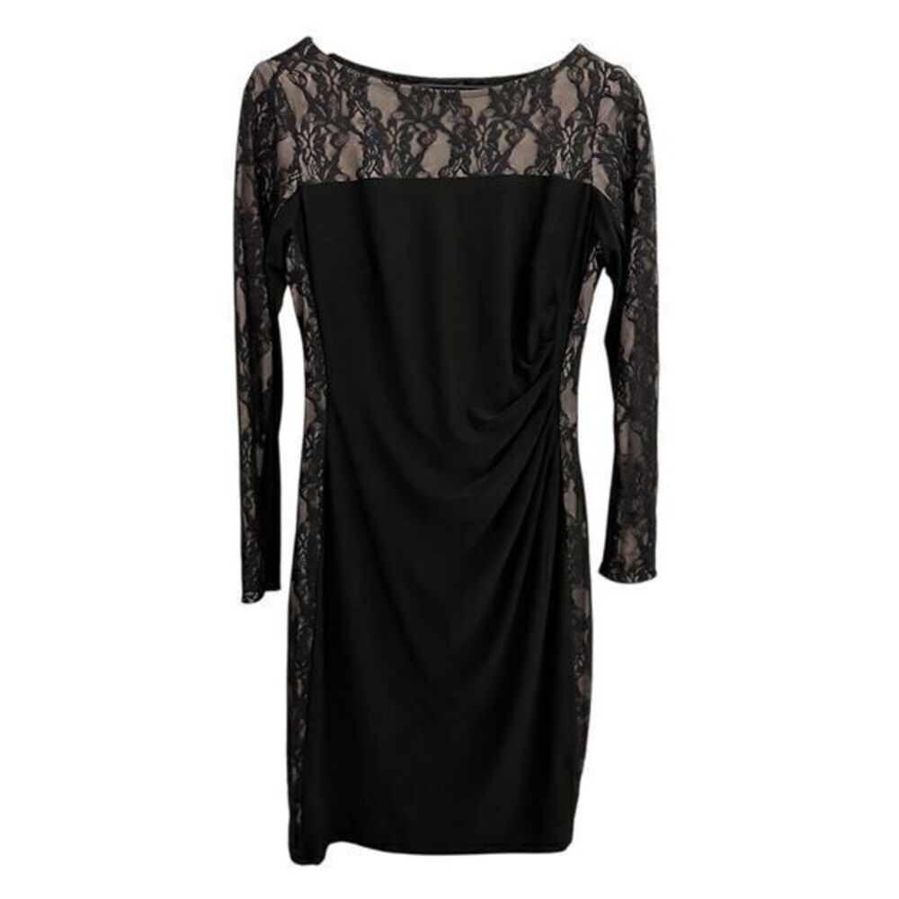 Chaps Lace Ruched Long Sleeve Knee Length‎ Dress Black Size Medium Cocktail